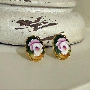Vintage Painted Floral Gold Tone Earrings